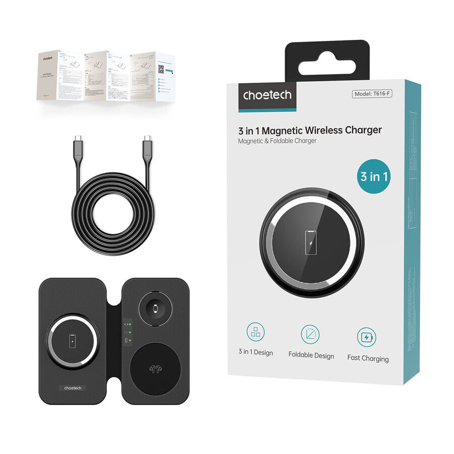 Choetech T616-F inductive 3-in-1 charger compatible with Apple and Samsung devices - black
