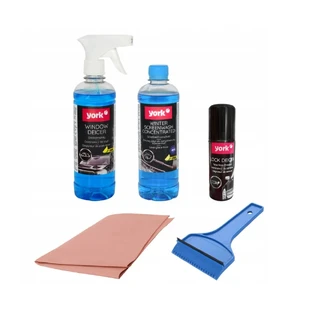 York Car Kit Líquido limpiaparabrisas 500 ml + Desempañador de cristales 500 ml + Desempañador de cerraduras 50 ml + Rascador de cristales + Paño antivaho