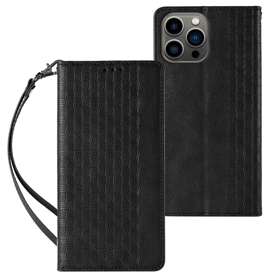 Funda con correa magnética para iPhone 13 Pro Max funda cartera + mini lanyard colgante negro