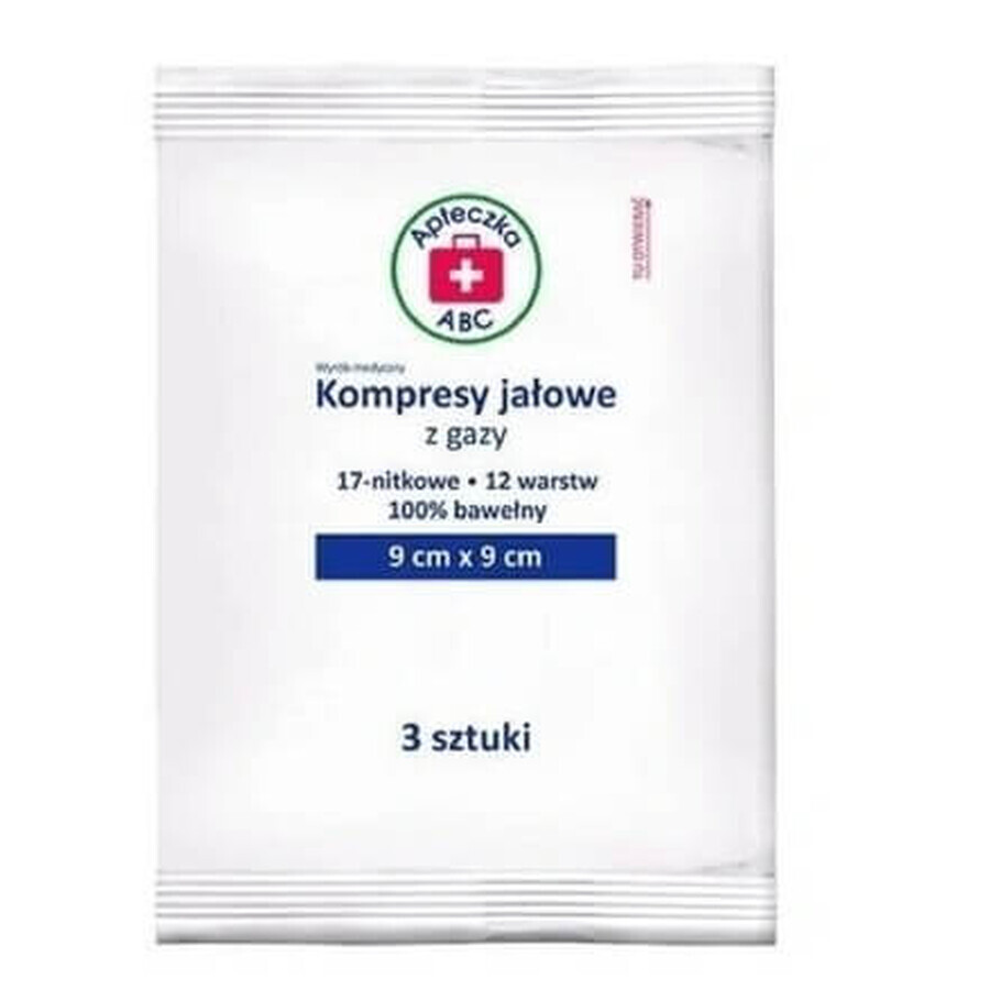 Sterile gauze compresses, 17-threaded, 12-layer, 9x9 cm, ABC First Aid Kit, 3 pieces