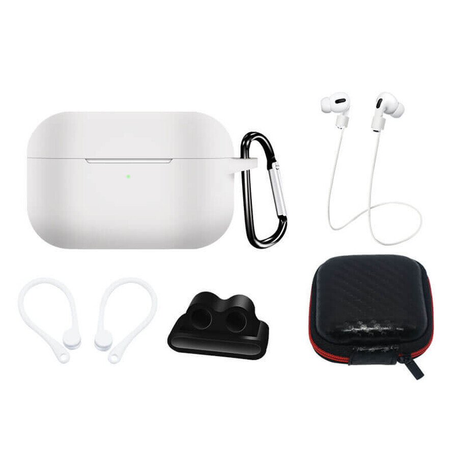 Set carcasă silicon AirPods Pro 2 / AirPods Pro 1 + carcasă / clips pentru urechi / curea de gât / suport pentru curea de ceas / carabină - alb