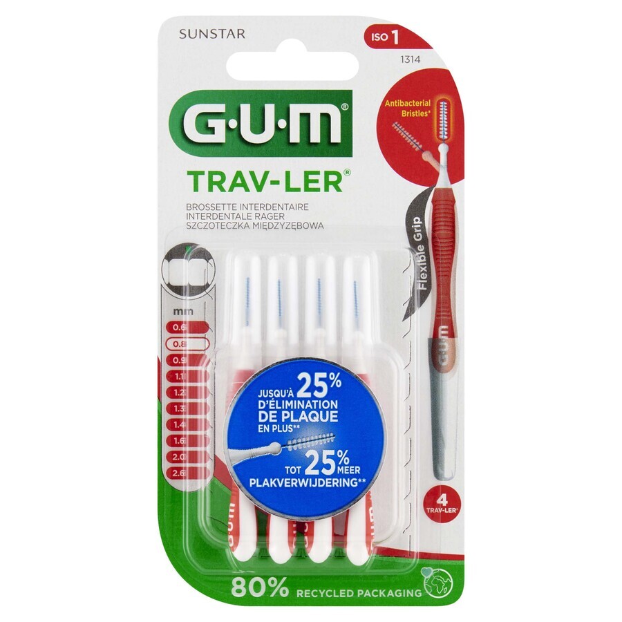 Boutique Sunstar GUM Trav-Ler, brosse à dents interdentaire 0,8 mm 1314, 4 pièces Sunstar GUM Trav-Ler, brosse à dents interdentaire 0,8 mm 1314, 4 pièces