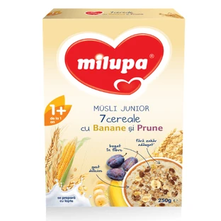 Cereales con plátanos y ciruelas Musli Junior 7, +12 meses, 250 g, Milupa
