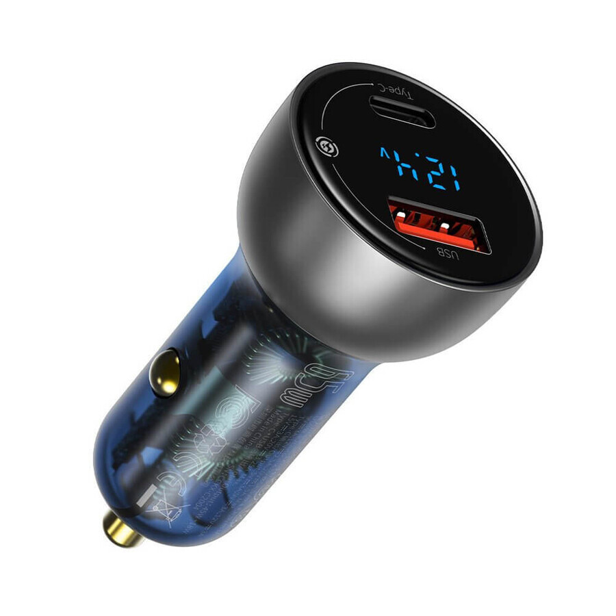 Baseus USB / USB Type C autolader 65 W 5 A SCP Quick Charge 4.0+ Power Delivery 3.0 LCD scherm transparant (CCKX-C0A)