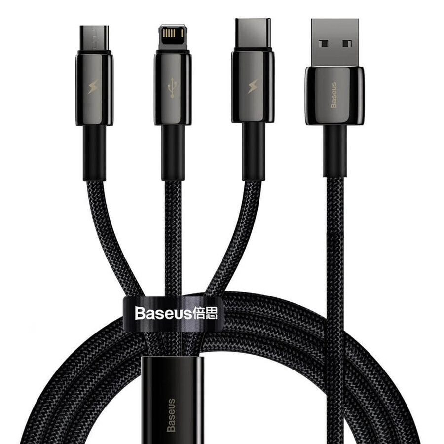 Baseus Tungsten 3in1 kabel USB - USB Type C / Lightning / micro USB 3,5 A 1,5 m zwart (CAMLTWJ-01)