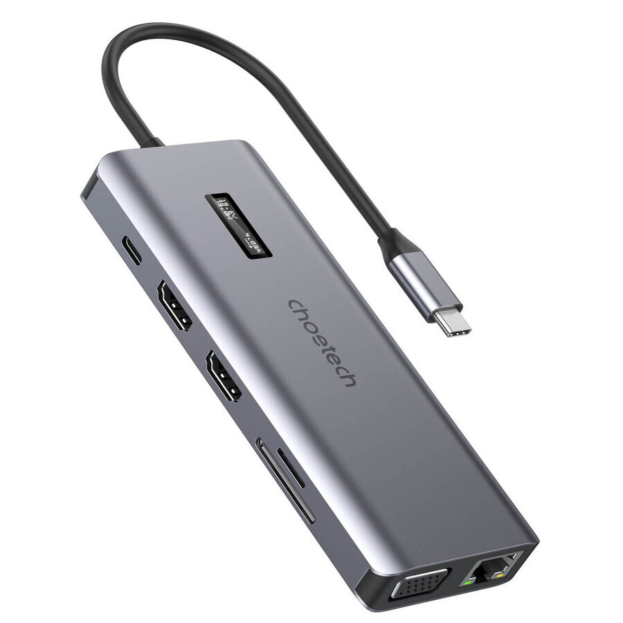 Choetech HUB multifunzione con display 12in1 da USB-C a 1xUSB-C/4xUSB-A/2xHDMI/1xVGA/1xAUX/lettore di schede di memoria grigio (HUB-M26)