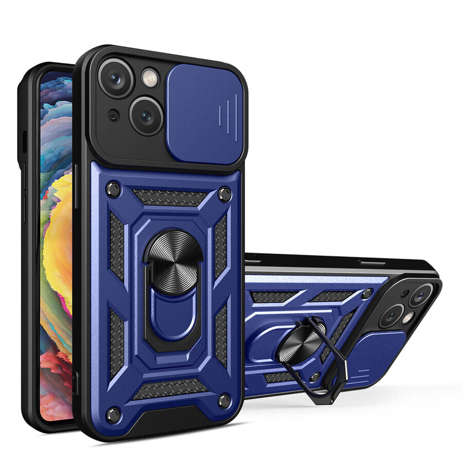 Hybrid Armor Camshield iPhone 14 armored case with camera cover blue