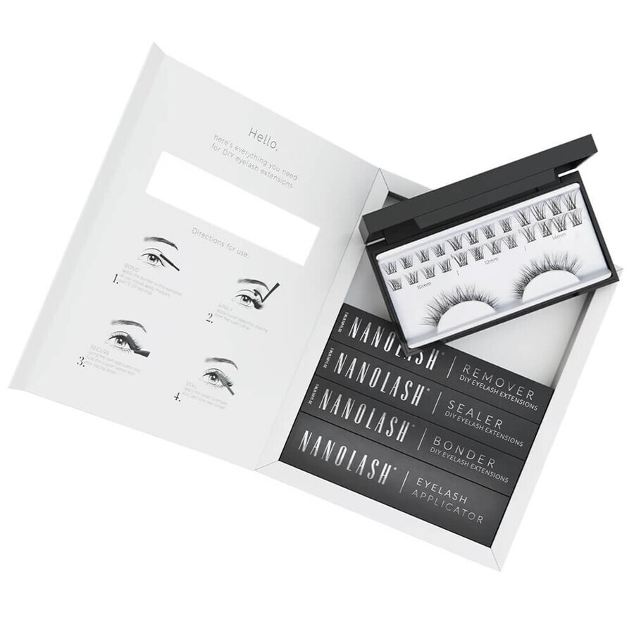 Nanolash DIY Extensions Starter Kit Cils artificiels 10.12.14mm Classy 36 pieces + Eyelash Bonder, 5 ml + Eyelash Sealer, 5 ml + Eyelash Applicator, 1 piece + Eyelash Remover, 5 ml