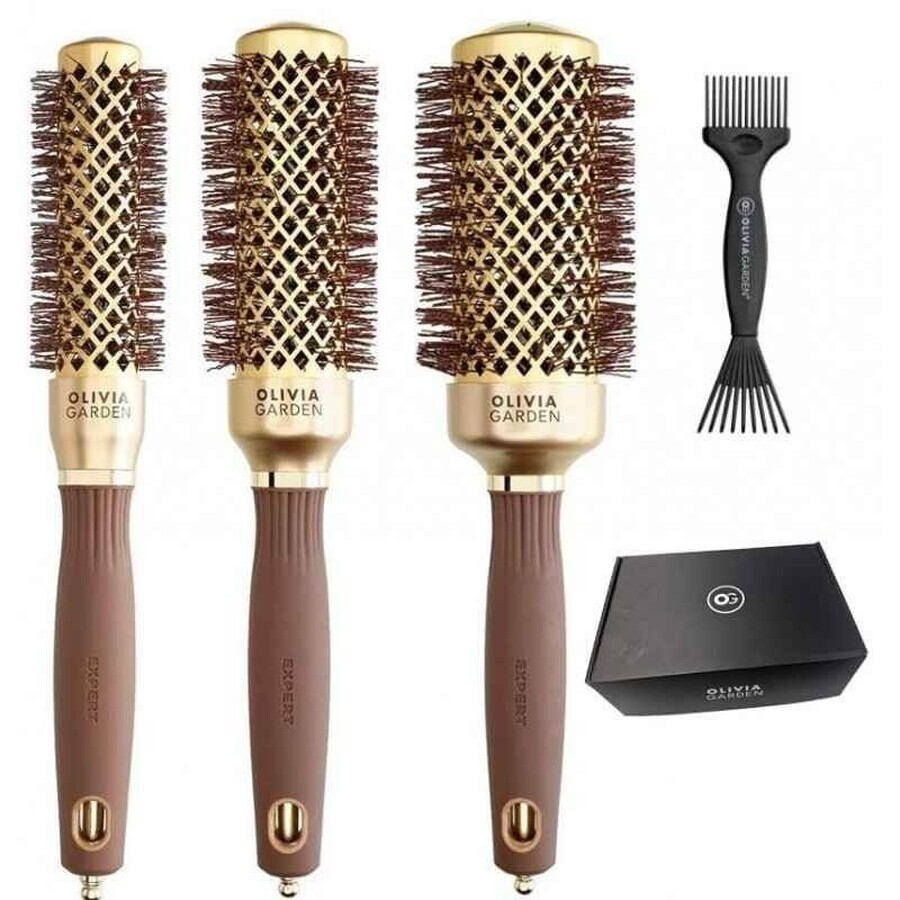 Olivia Garden Expert Blowout Shine Set di spazzole per modellare e asciugare 35-45-55 mm + strumento per la pulizia delle spazzole