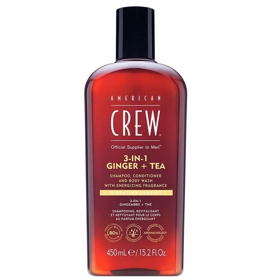 Boutique American Crew 3-en-1 Shampooing, après-shampooing et gel lavant pour le corps au gingembre et au thé, 450 ml American Crew 3-en-1 Shampooing, après-shampooing et gel lavant pour le corps au gingembre et au thé, 450 ml