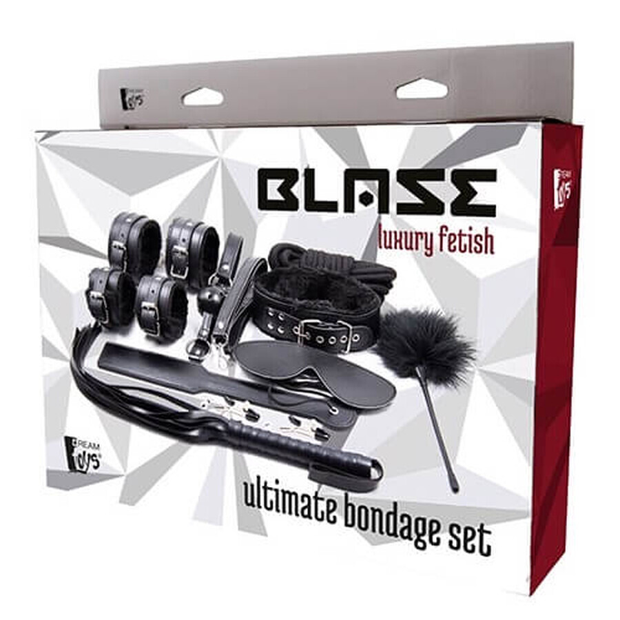 Dream Toys Blaze Ultimate Bondage Set handcuffs x2 + mask + whip + whip + feather + collar with leash + gag + nipple clamps + rope