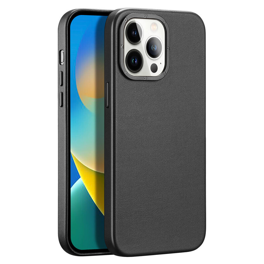 Custodia in pelle Dux Ducis Grit per iPhone 14 Pro Max elegante cover in ecopelle (compatibile con MagSafe) nero