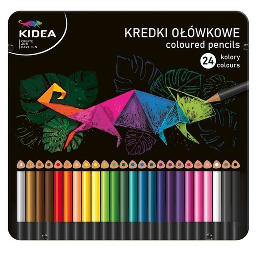 Creioane triunghiulare în cutie metalică 24 culori Kidea