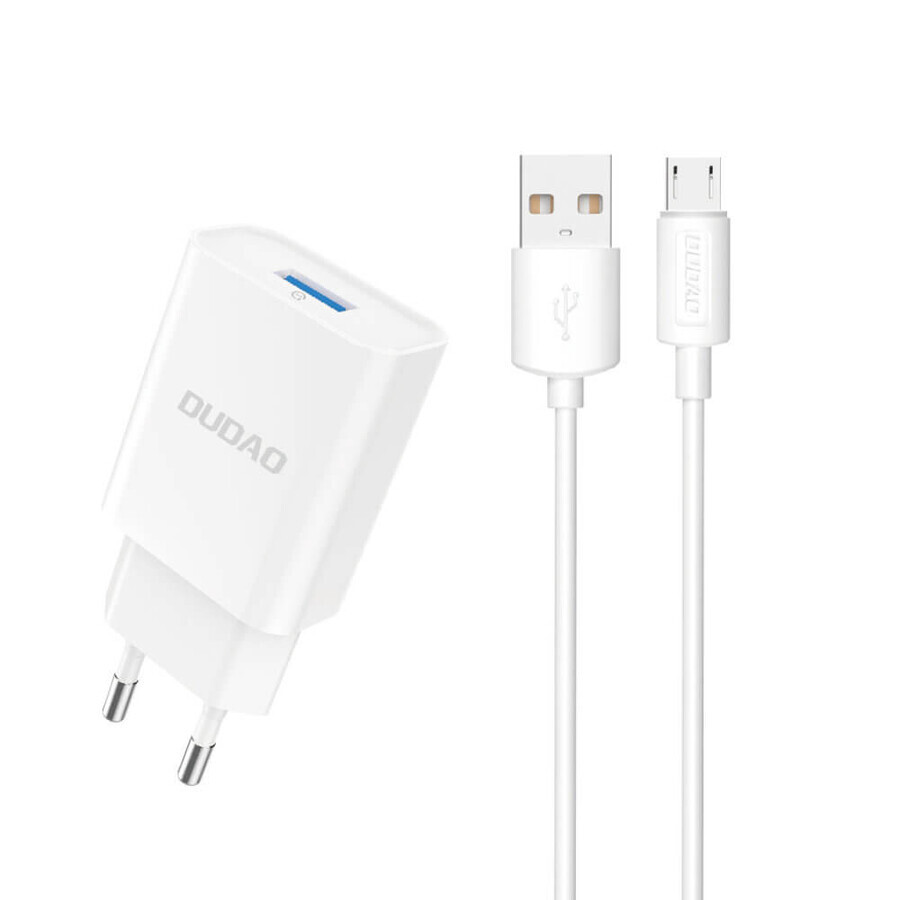 Dudao A4EU USB-A 2,1A netvoeding oplader - wit + USB-A - micro USB-kabel
