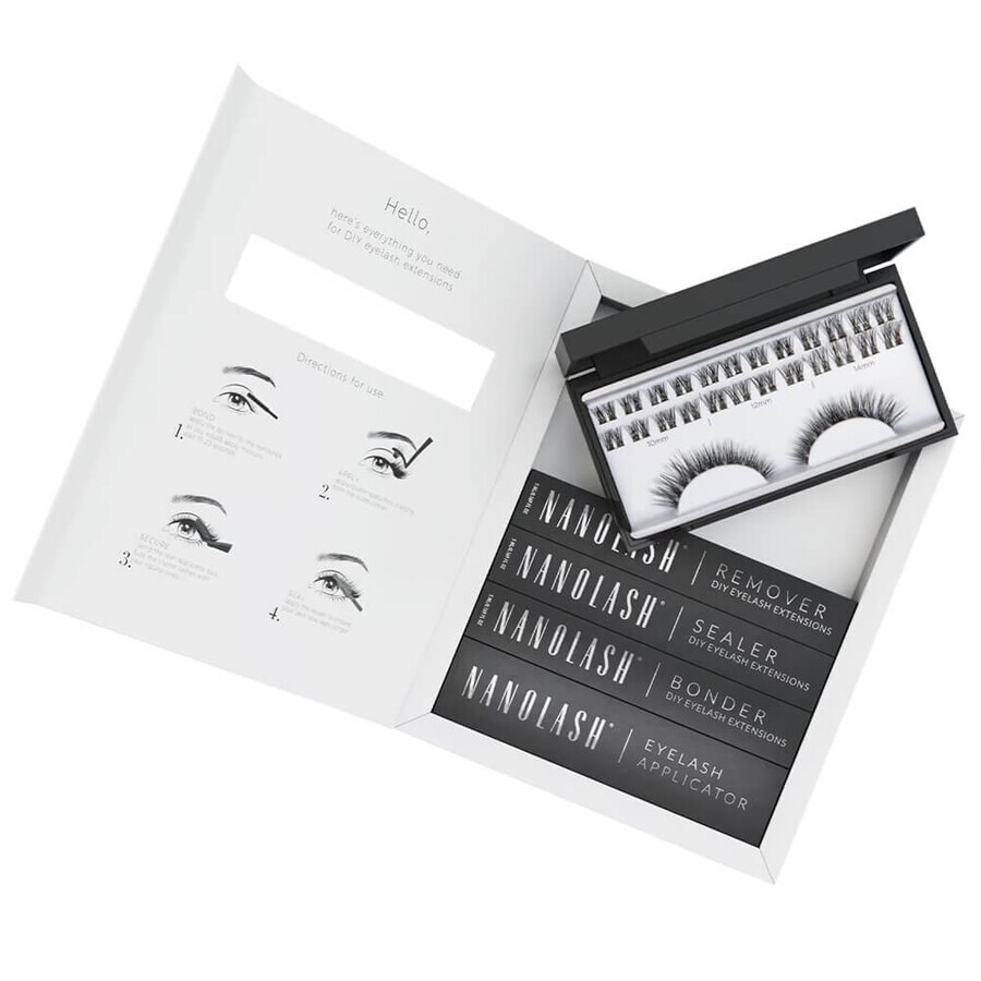 Nanolash DIY Extensions Starter Kit Ciglia artificiali 10,12,14 mm Fantasia 36 pezzi + Legante per ciglia, 5 ml + Sigillante per ciglia, 5 ml + Applicatore per ciglia, 1 pezzo + Rimuovi ciglia, 5 ml