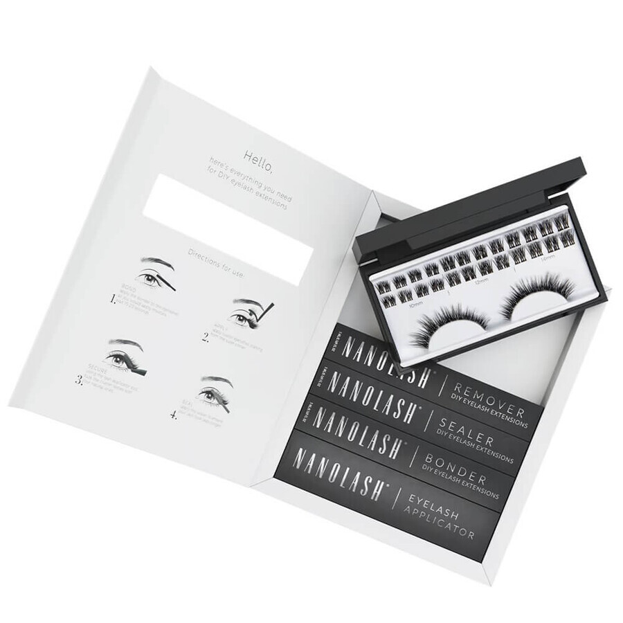 Nanolash DIY Extensions Starter Kit Künstliche Wimpern 10.12.14mm Heartbreaker 36 Stück + Eyelash Bonder, 5 ml + Eyelash Sealer, 5 ml + Eyelash Applicator, 1 Stück + Eyelash Remover, 5 ml