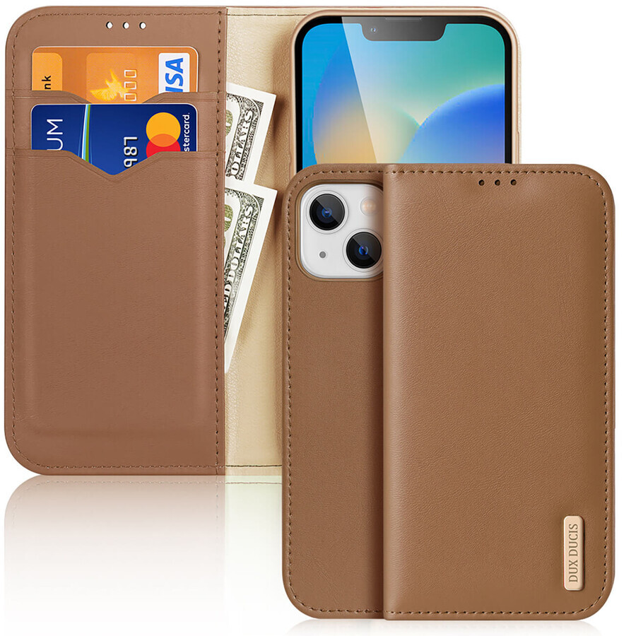 Dux Ducis Hivo leather flip case portefeuille en cuir naturel pour cartes et documents iPhone 14 Plus marron
