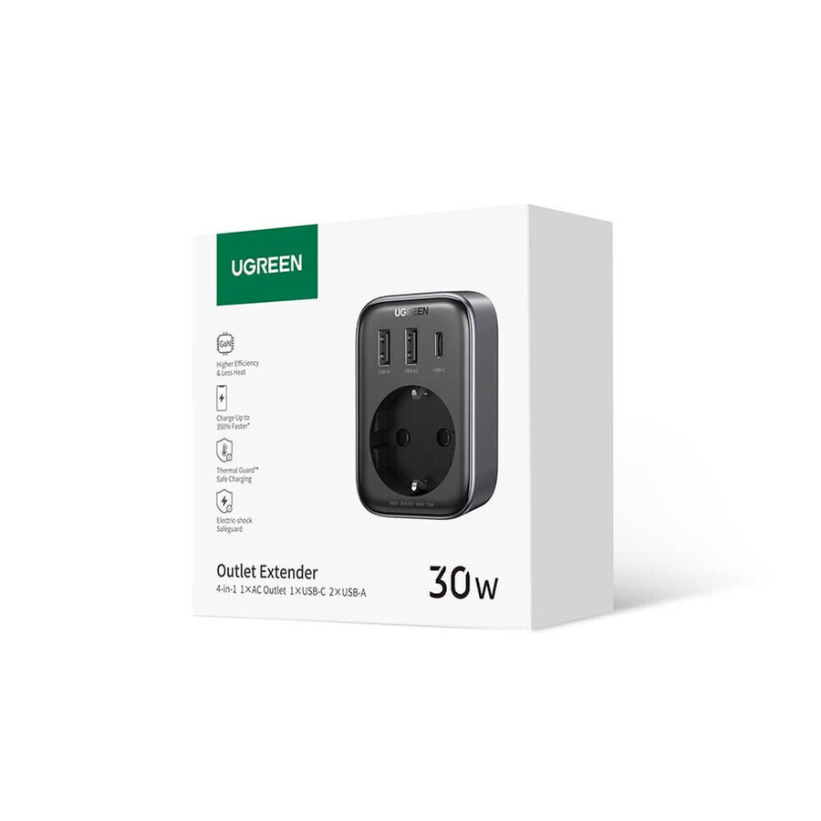 Cargador de red de 30 W (2xUSB/USB C/AC) / adaptador UE - UE 13 A Ugreen CD314 - negro