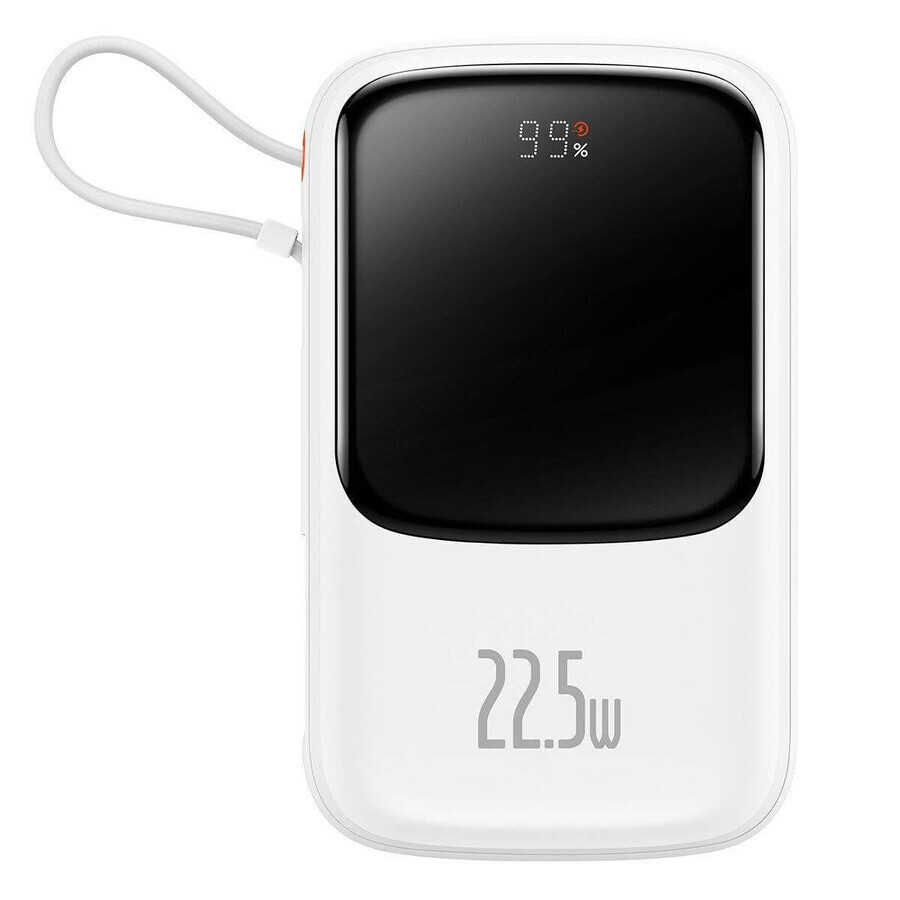 Baseus Qpow Digital Display Powerbank mit Schnellladung 10000mAh 22.5W QC/PD/SCP/FCP mit integriertem USB-C Kabel weiß