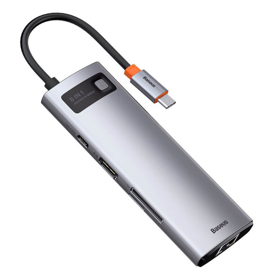 Baseus Metal Gleam 8in1 USB-C - USB-C PD 100W HUB 1x HDMI 4K 30Hz 1x cititor de carduri SD și microSD 3x USB-A 3.2 1xRJ45 - gri