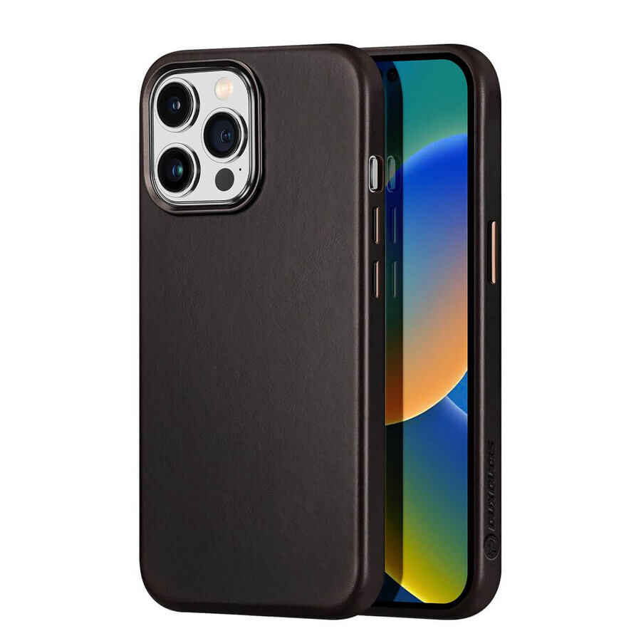 Dux Ducis Naples caz pentru iPhone 14 Pro caz din piele (compatibil MagSafe) maro închis