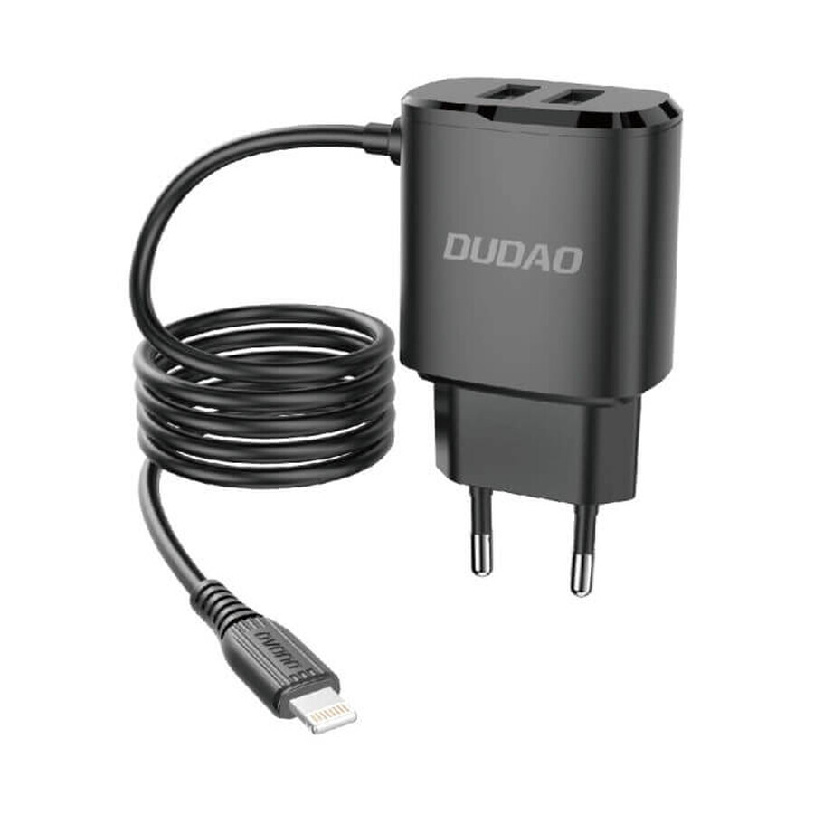Dudao netwerklader 2x USB met geïntegreerde Lightning-kabel 12 W zwart (A2ProL zwart)