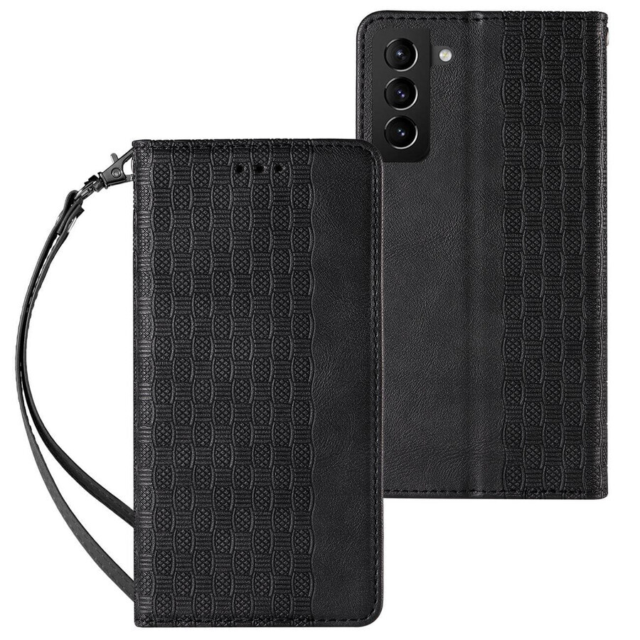 Magnet Strap Case for Samsung Galaxy S22+ (S22 Plus) wallet case + mini lanyard pendant black