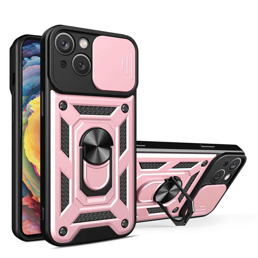 Hybrid Armor Camshield iPhone 14 Plus armored case with camera cover pink