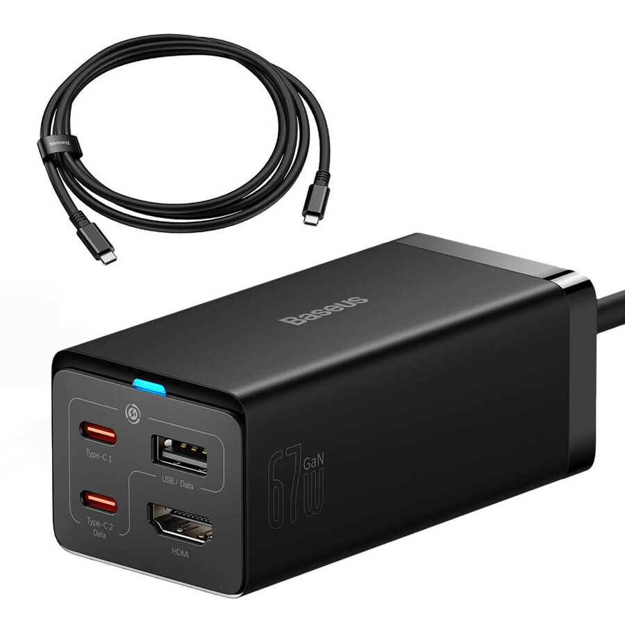 GaN5 Baseus CCGP110201 Caricatore HUB HDMI 2x USB-C / USB-A / HDMI 4K 30Hz 1,5m - nero + cavo USB-C - USB-C 100W 1m
