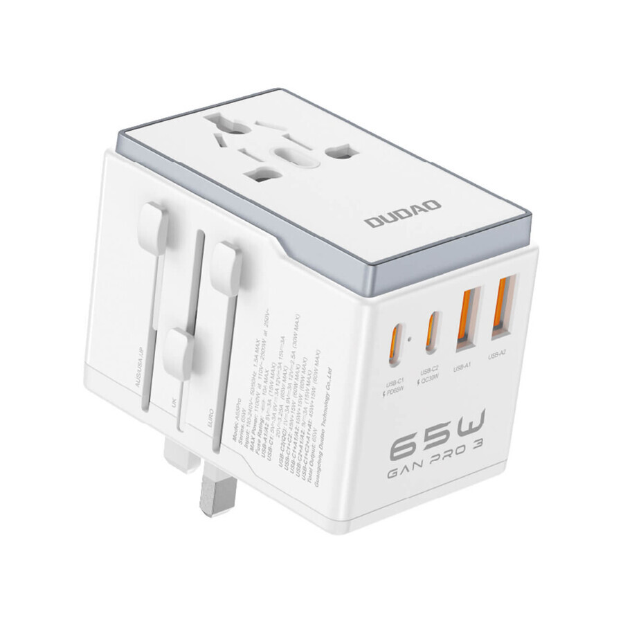Dudao A65Pro 65W Adattatore da viaggio UE / USA / JP / AUS / UK 2x USB-C 2x USB-A - bianco