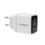 GaN Choetech PD6051 2x USB-C PD 35W network charger with display - white