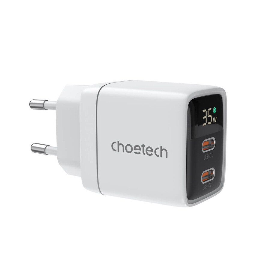 GaN Choetech PD6051 2x USB-C PD 35W netvoeding oplader met display - wit