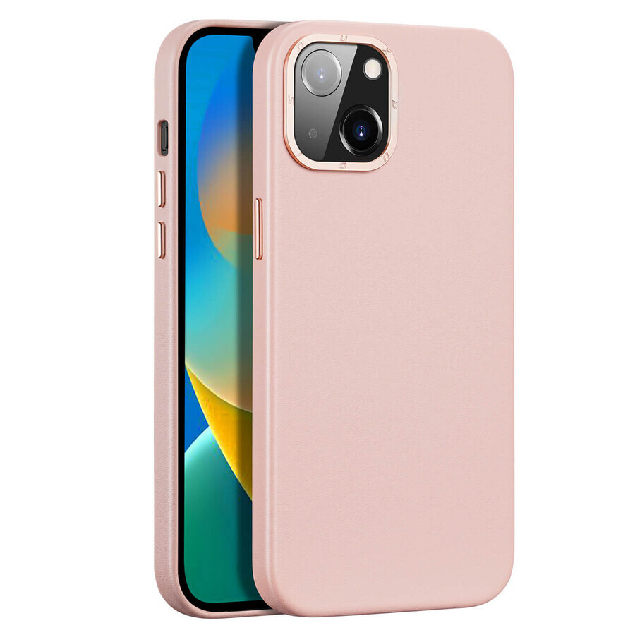 Dux Ducis Grit lederen hoesje voor iPhone 14 Plus elegante kunstlederen hoes (compatibel met MagSafe) roze
