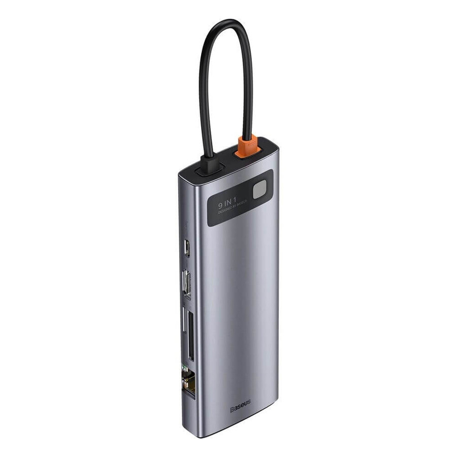Baseus Metal Gleam 9in1 USB-C HUB - 3x USB 3.2 Gen 1 / USB-C PD 100W / VGA / HDMI / TF kaartlezer, SD / RJ45 - grijs (CAHUB-CU0G)