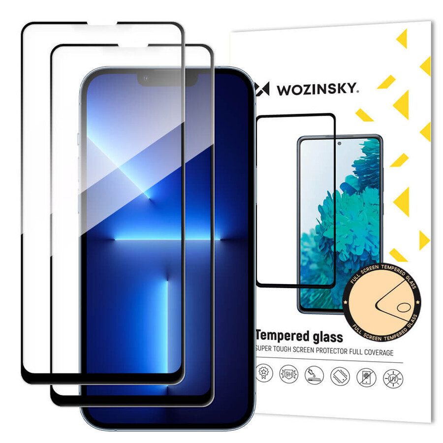 Wozinsky Satz von 2x superstarke Full Glue voll Bildschirm gehärtetes Glas mit Case Friendly Rahmen iPhone 14, iPhone 13 Pro / iPhone 13 schwarz