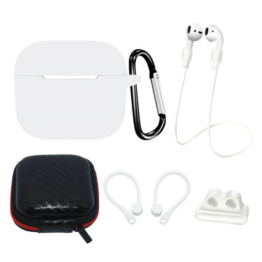 Kit d'étui en silicone AirPods 3 + étui / clip oreille / tour de cou / support de bracelet de montre / mousqueton - blanc