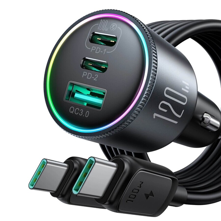 Joyroom cargador de coche JR-CCN07 120W 2xUSB-C USB-A + 100W USB-C cable - gris oscuro