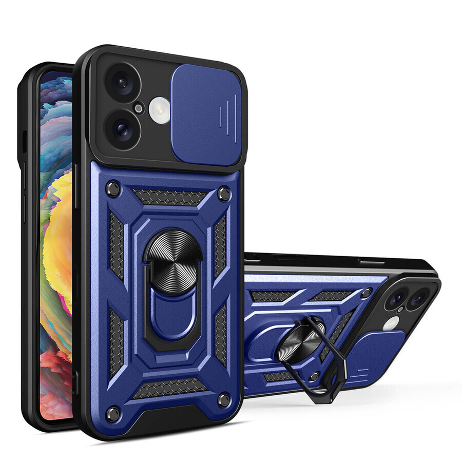 Hybrid Armor Camshield hoesje voor iPhone 16 gepantserd met camerabehuizing met standaard - blauw