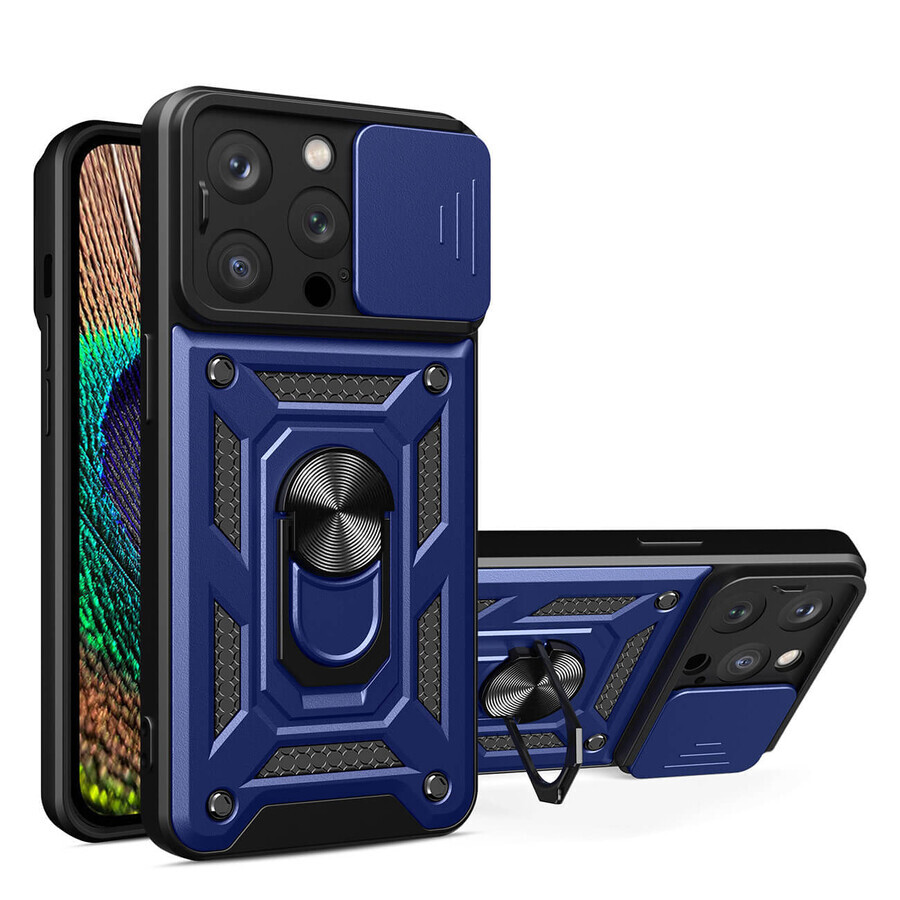Funda blindada Hybrid Armor Camshield iPhone 14 Pro Max con tapa de cámara azul