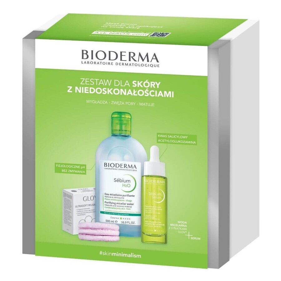 Bioderma Sebium Kit Xmass 2024 H2O 500 ml + Siero 30 ml + Glov Pads soffici, riutilizzabili, 3 pezzi