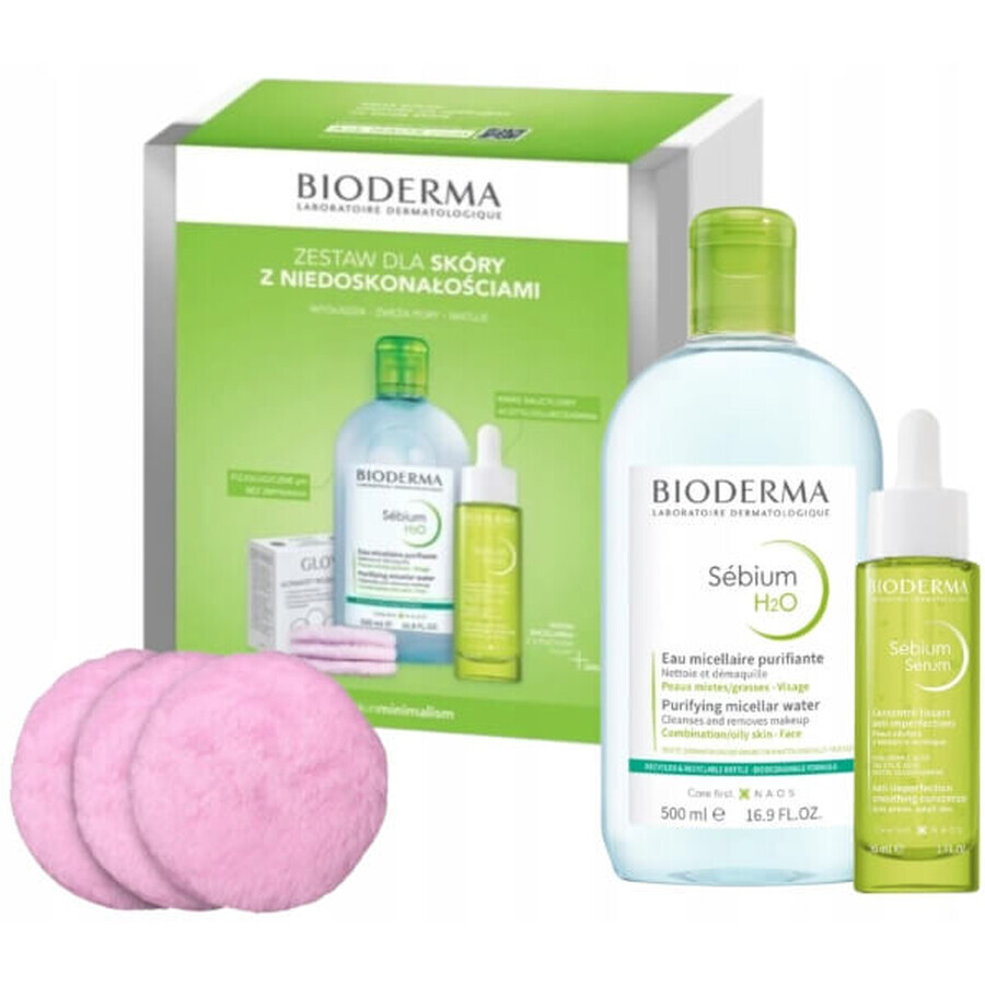 Bioderma Sebium Kit Xmass 2024 H2O 500 ml + Siero 30 ml + Glov Pads soffici, riutilizzabili, 3 pezzi