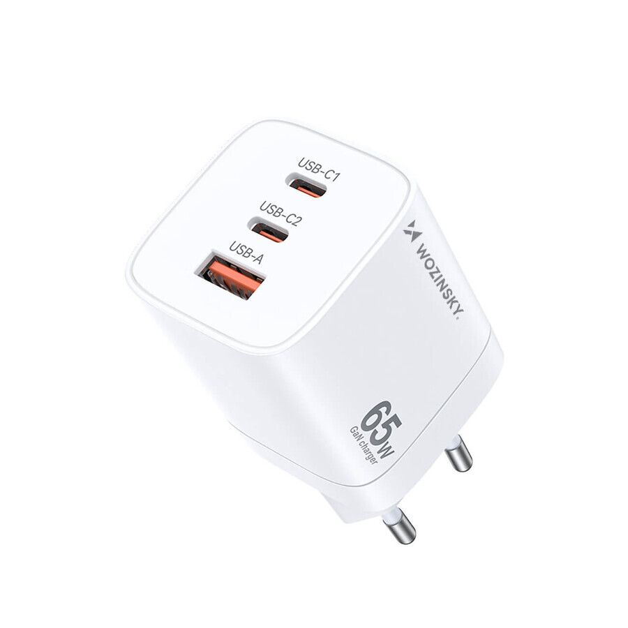 GaN Wozinsky CGWCW 65W USB-A / 2 x USB-C netvoeding - wit