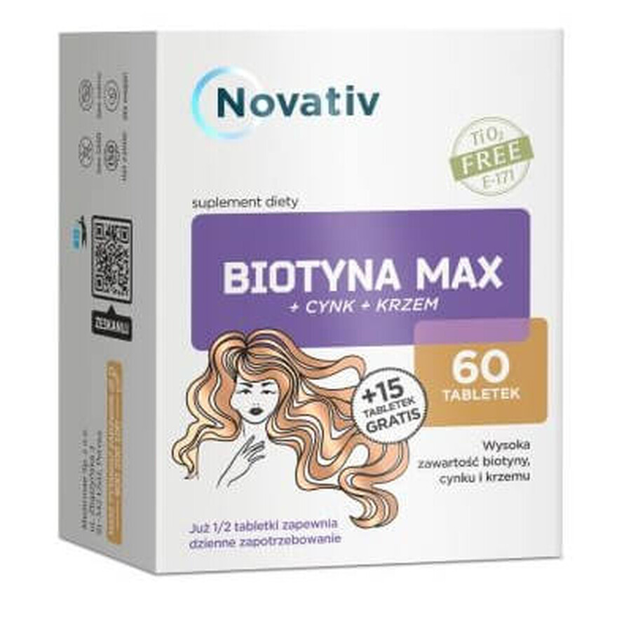 Novativ Biotin Max + Zink + Silizium, 75 Tabletten