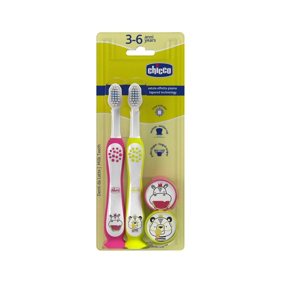 Chicco Tandenborstel 3-6l Hippo en Panda, 2 stuks