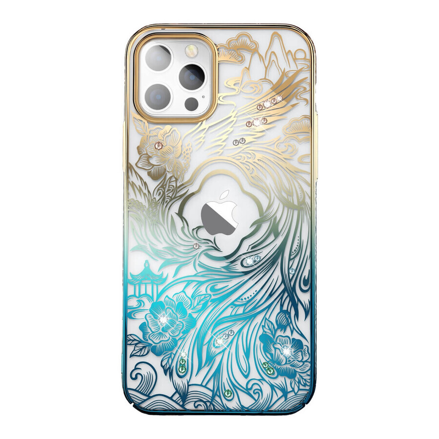 Lujosa funda iPhone 14 Pro con cristales Kingxbar Phoenix - dorado y azul