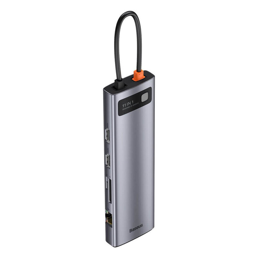 Baseus Metal Gleam 11in1 multifunktionaler USB Typ C HUB - 3x USB 3.2 Gen 1 5Gbps / USB Typ C PD 100W / 3.5 mm Mini Klinke AUX / VGA Full HD 60Hz / 2x HDMI 4K 30Hz / TF und SD Kartenleser / RJ45 1Gbps grau (CAHUB-CT0G)
