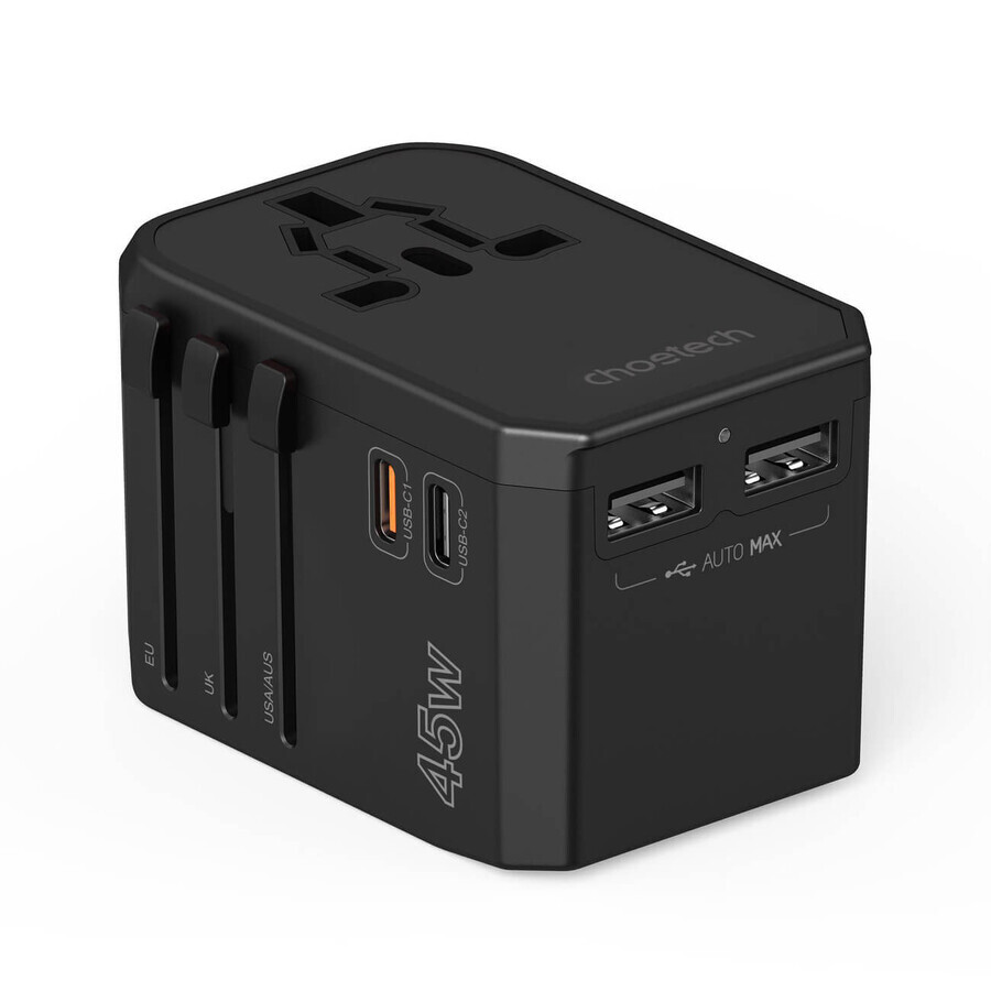 GaN Choetech PD6045 USB-C USB-A 45W travel charger with US EU UK AU plugs - black.