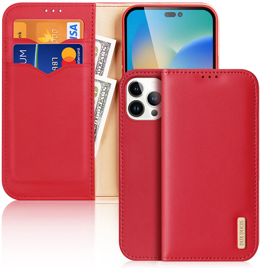 Dux Ducis Hivo custodia flip in pelle naturale per carte e documenti iPhone 14 Pro Max rosso
