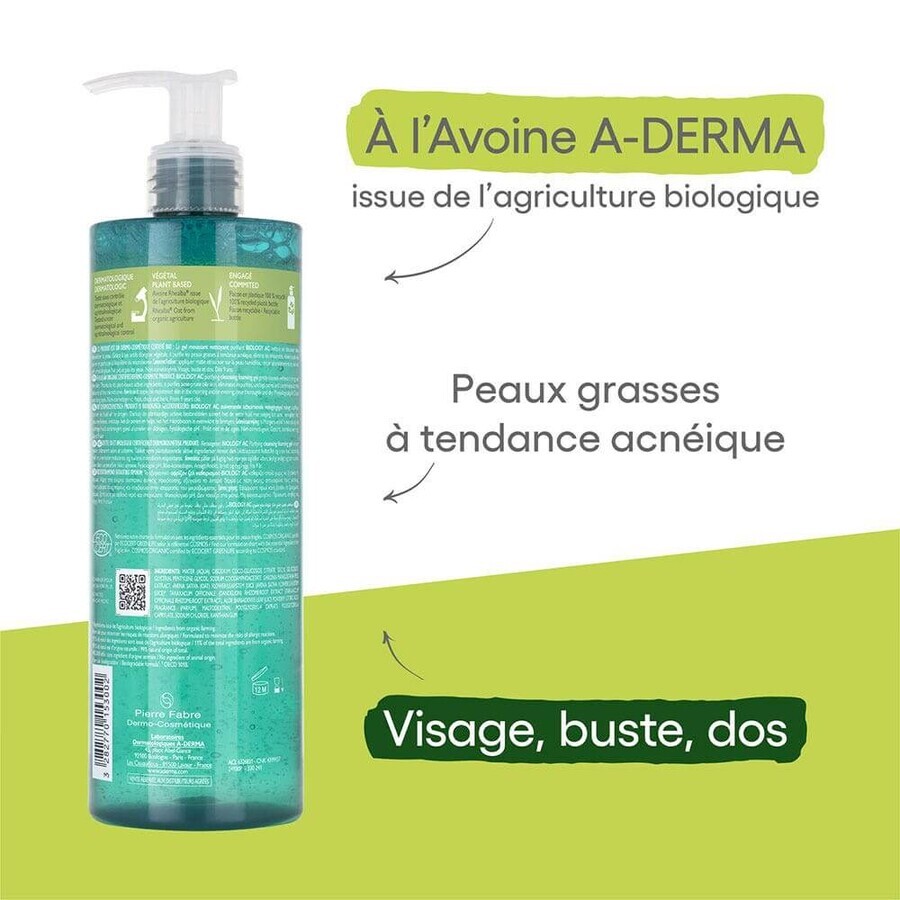 A-Derma Biology AC Gel spumant de curățare purificator organic pentru ten gras, predispus la acnee 400 ml