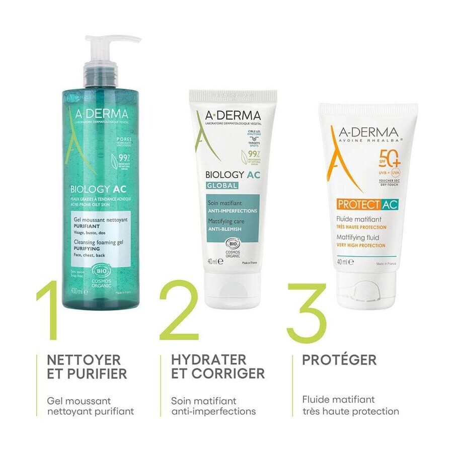 A-Derma Biology AC Gel spumant de curățare purificator organic pentru ten gras, predispus la acnee 400 ml